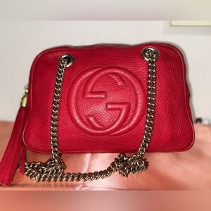 Gucci Soho Disco Red Leather Crossbody Bag Interlocking GG Tassel (COA)